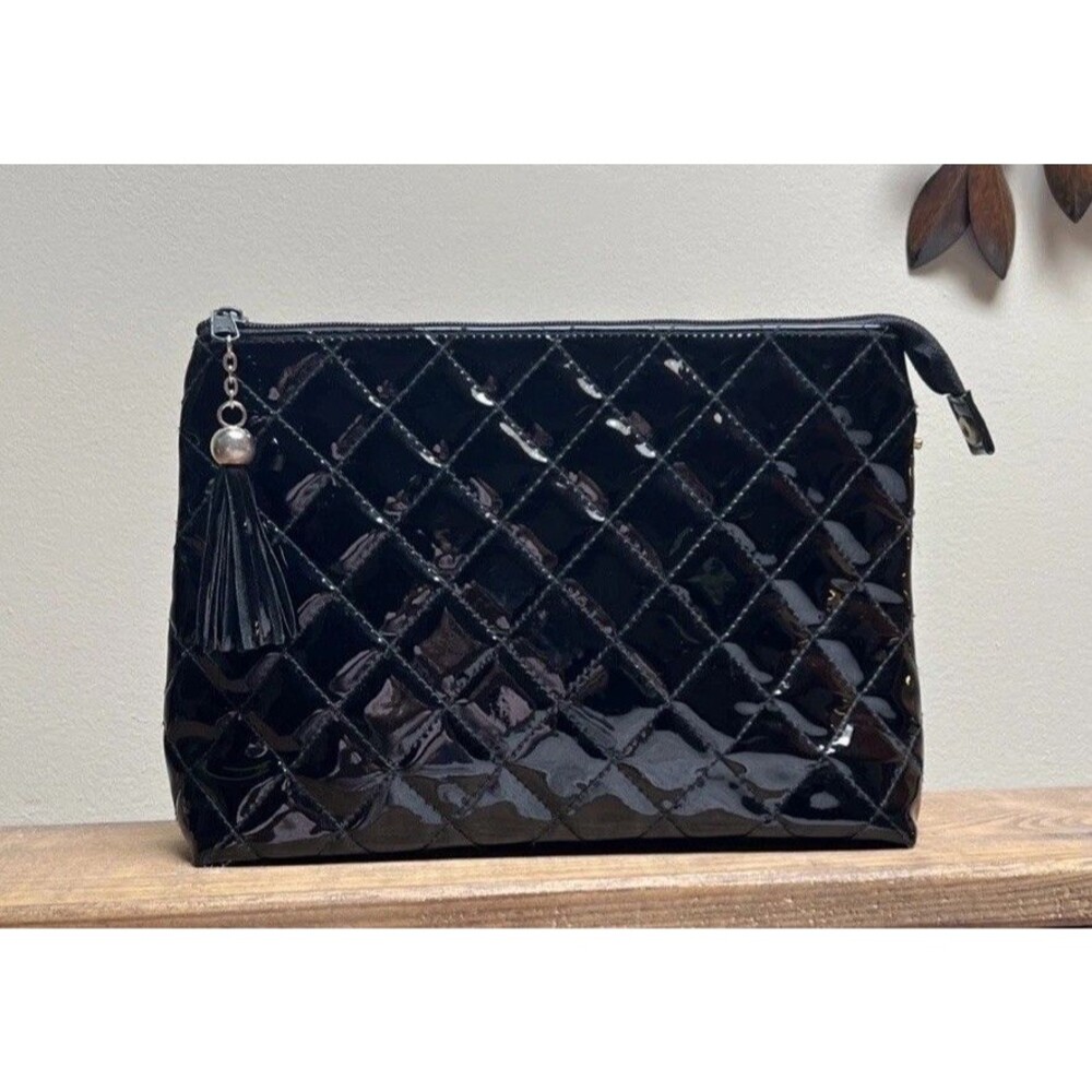 Vintage Lisette Black Patent Quilted Tassle Clutch Bag  12 wide x 8 tall